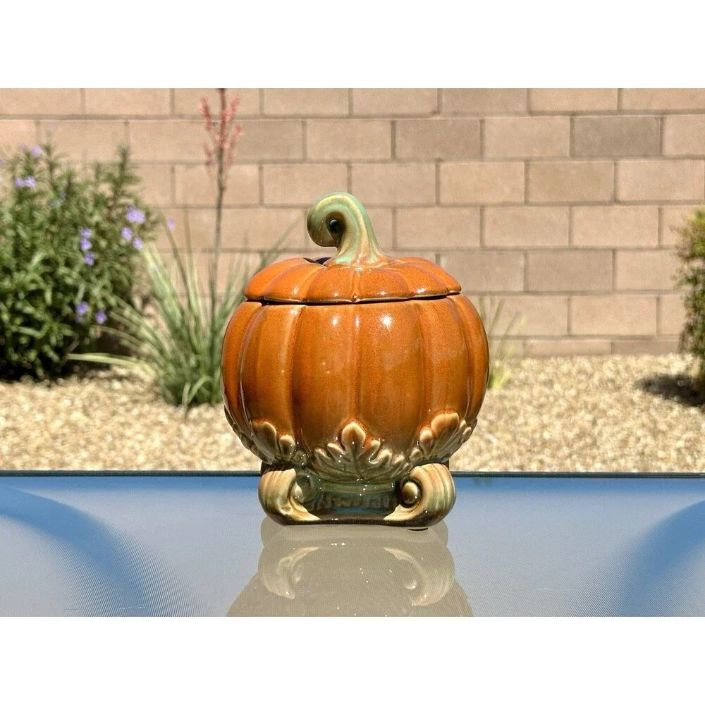 Pumpkin Ceramic Cookie Candy Jar Autumn Fall Halloween w/ Lid Orange Green Stem